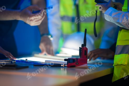 Preview: A happy, diverse team of engineers in safety vests collaborates at night.