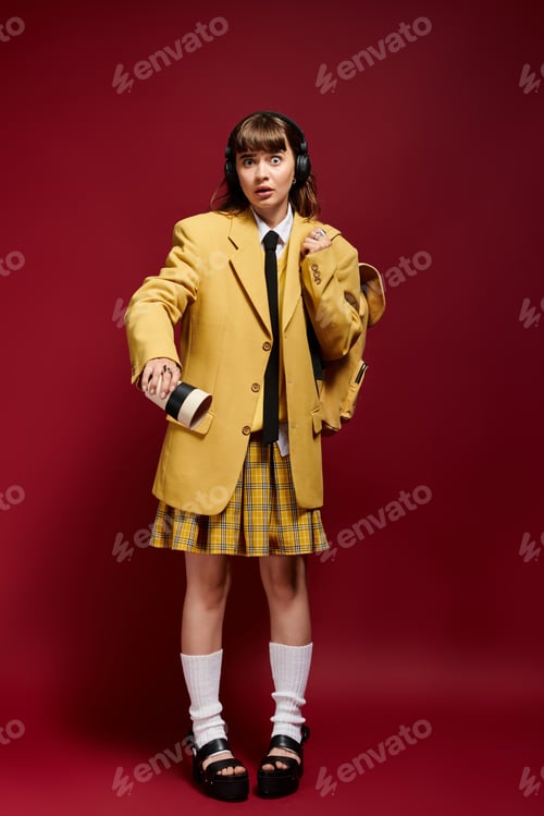 Preview: Stylish student expresses individuality with bold fashion in vibrant setting