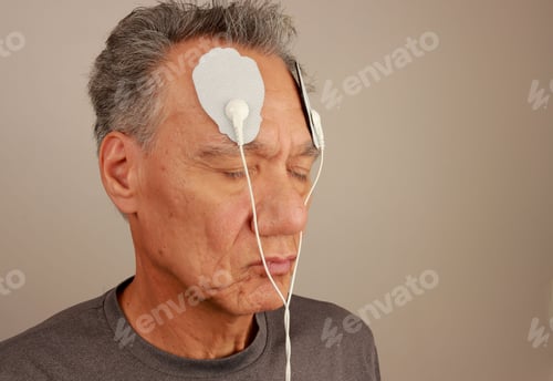 Preview: Elderly man undergoing a medical procedure with electrodes attached to his forehead, eyes closed.