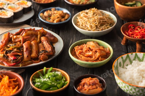 Preview: selective focus of traditional and tasty korean dishes on wooden surface