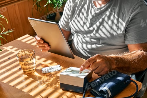 Preview: Middle aged man measuring arterial blood pressure, using blood-pressure cuff to making check health