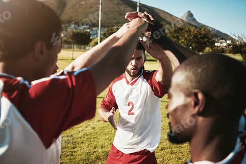Preview: Men, soccer and team hands in collaboration, support and trust before a match or competition. Dive