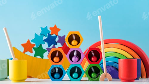 Preview: Colorful wooden toys for little children development on light blue background