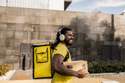 Preview: Smiling delivery man with thermal backpack holding cardboard box