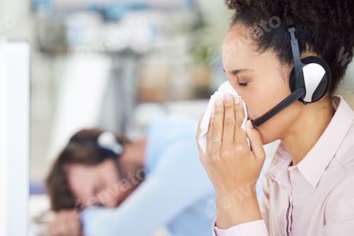 Preview: Customer service, call center and sick woman blowing nose in office workplace. Covid, cold and blac