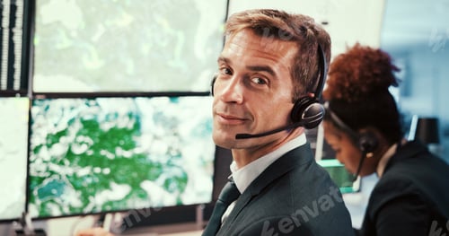 Preview: Man, meteorology and monitor for weather, forecast or voip headset at contact center, system and ma