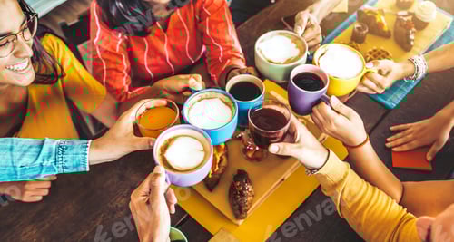 Preview: Group of people having fresh healthy breakfast sitting at bar table