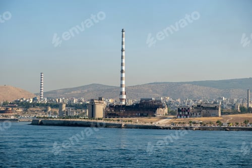 Preview: Fertilizer factory ruins and port in Piraeus Greece. Old abandoned factory industrial plant.