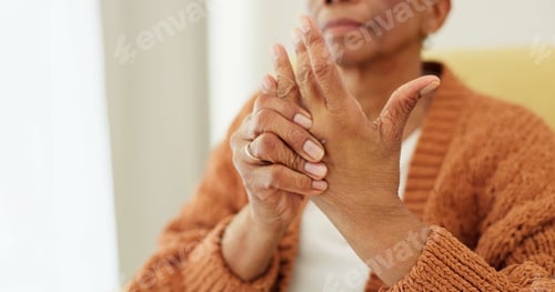 Preview: Hands, pain and arthritis with an elderly woman in her nursing home, struggling with a medical inju