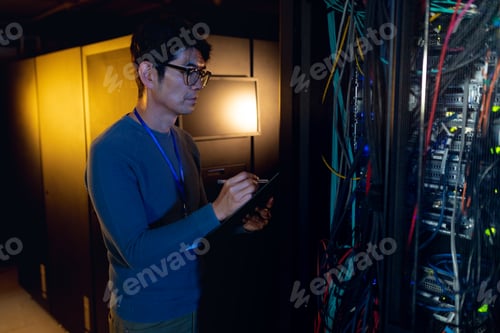 Preview: Asian male engineer writing on clipboard while inspecting in computer server room