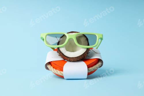 Preview: Composition for summer concept with coconut on blue background