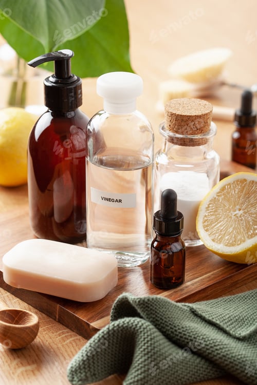 Preview: zero waste eco friendly cleaning concept. wooden brushes, baking soda, vinegar