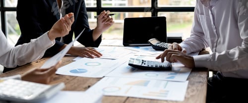 Preview: Economic business discussions, Business team analyzing income charts and graphs to plan marketing