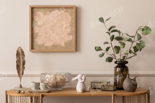 Preview: Interior design of easter living room interior with mock up poster frame, glass vase with leaves