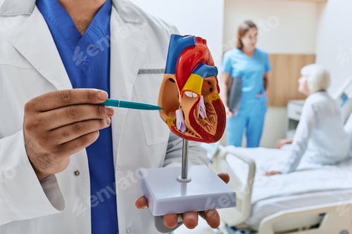 Preview: Elderly patient in cardiology ward of hospital with doctors analyzing her health and showing