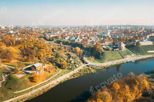 Preview: Grodno, Belarus. Aerial Bird's-eye View Of Hrodna Cityscape Skyline. Kalozha Church And Other