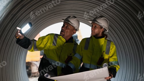 Preview: Worker constructing a pipeline for transporting oil, gas, and fuel at an industrial facility.