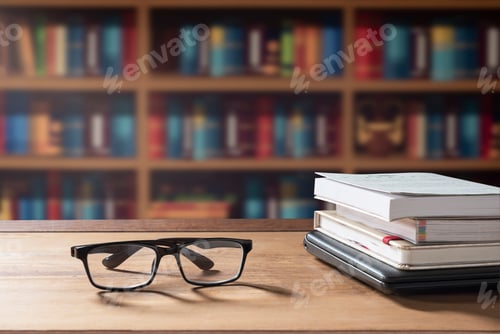 Preview: Eyeglasses and stacked books with laptop on wooden desk in home office room