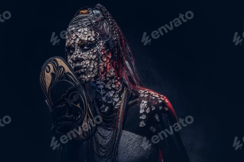 Preview: Close-up portrait of a witch from the indigenous African tribe, wearing traditional costume