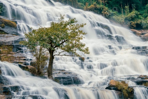 Preview: Beautiful waterfall with a lush green forest in the background The water is flowing down the rocks