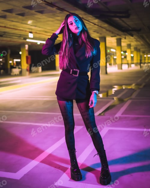 Preview: Portrait of young brunette Caucasian model at night in an underground parking lot