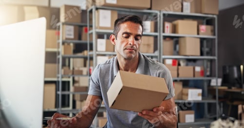 Preview: Box, inspection and supply chain with man in distribution center for export or import order. Checki
