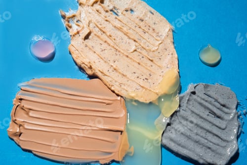 Visualização: Amostras aproximadas de produtos cosméticos em fundo azul. Tendência de autocuidado