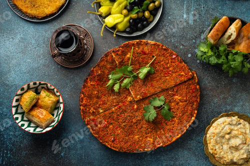 Preview: Lacmacun - traditional Turkish pizza made of dough with minced meat, vegetables and herbs