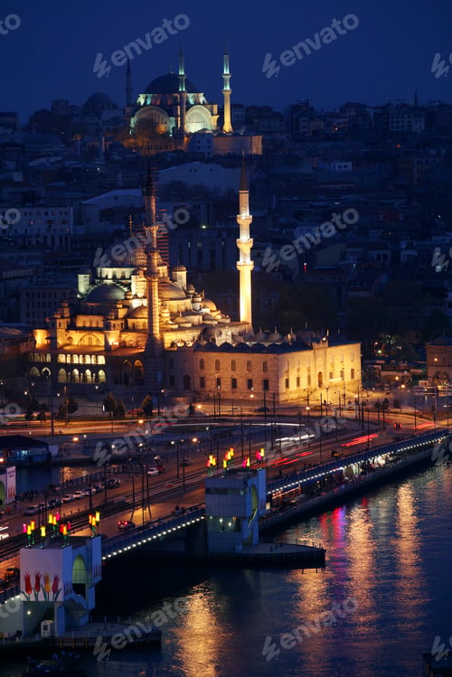 Preview: Turkey, Istanbul, view to lighted Haghia Sophia and Blue Mosque from Galata Tower by night