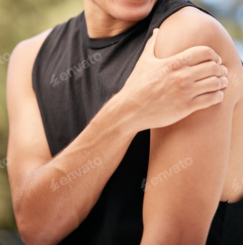 Preview: Fitness, man and shoulder injury or muscle pain in sports training, exercise or workout in the outd