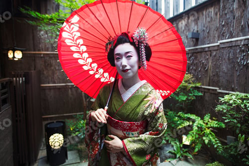 Preview: A geisha in costume holding an umbrella