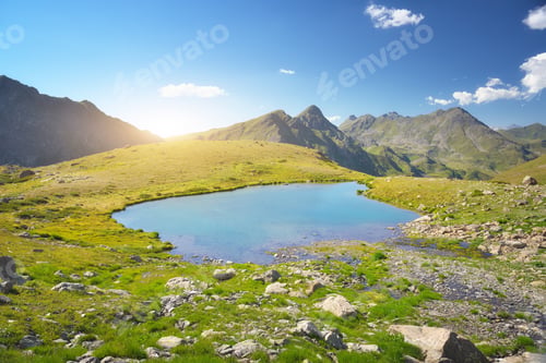 Preview: Landscape panorama of beautiful nature summer mountain lake.
