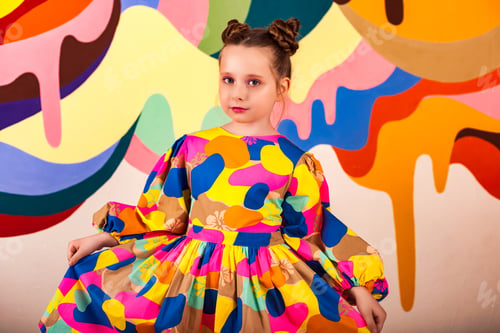 Preview: Brightly Dressed Girl Poses Playfully Against a Vibrant Abstract Background in a Creative Space