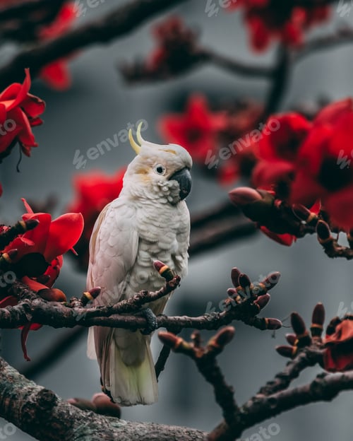 Preview: Vertical shot of a yellow-crested cockatoo perched on a tree branch with red flowers
