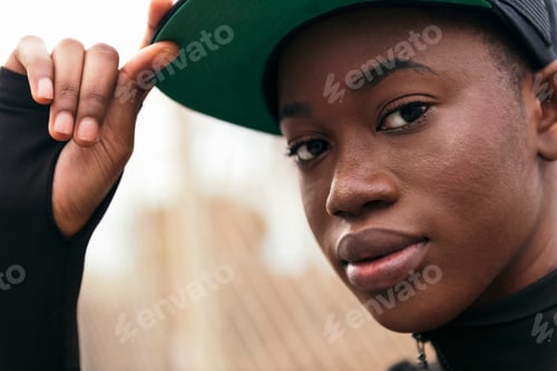 Preview: african american woman adjusting her cap