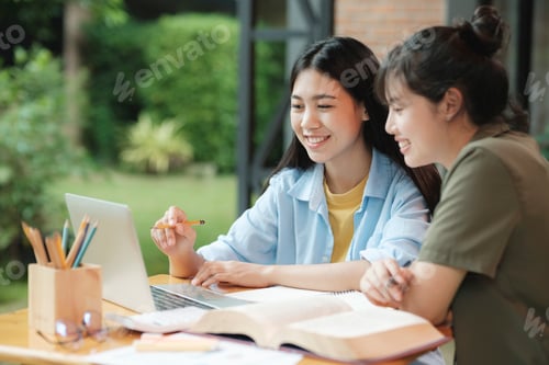 Preview: Young asian students campus helps friend catching up and learning.