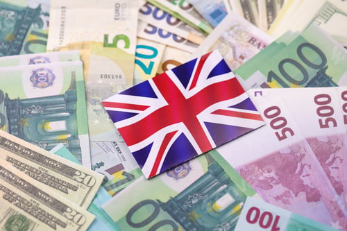 Preview: GB Flag with euro and dollar money bills close up
