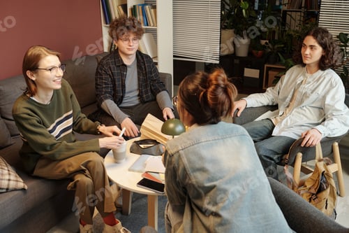 Preview: Group of College Friends Chatting in School Lounge