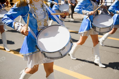 Preview: group of majorettes parade through the streets of the city