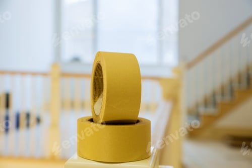 Preview: Construction roll of yellow painters tape on masking tape from painting wall