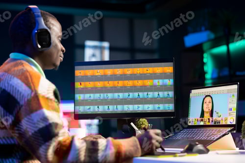 Preview: Black man photo editor in a well organized workspace editing images