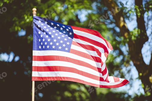 Preview: Closeup shot of the united states flag on a pole with a blurred background