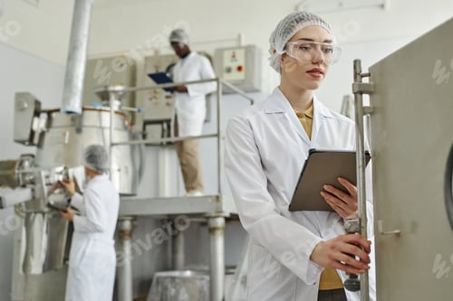 Preview: Young woman wearing lab coat operating equipment in workshop