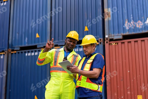 Preview: 2 engineer working in container storage yard use digital tablet check quantity prepare to delivery