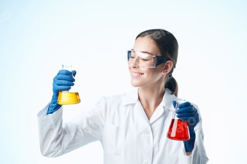 Preview: Woman Scientist with Chemical Beakers in Laboratory