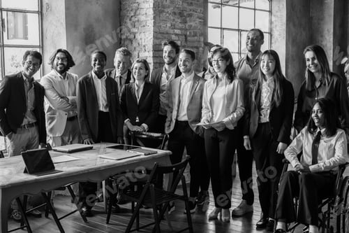 Preview: Team of businesspeople standing in coworking area working together
