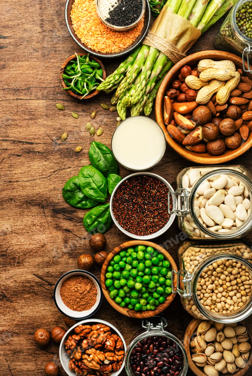 Preview: Vegan protein. Full set of plant based vegetarian food sources. Healthy eating, diet ingredients