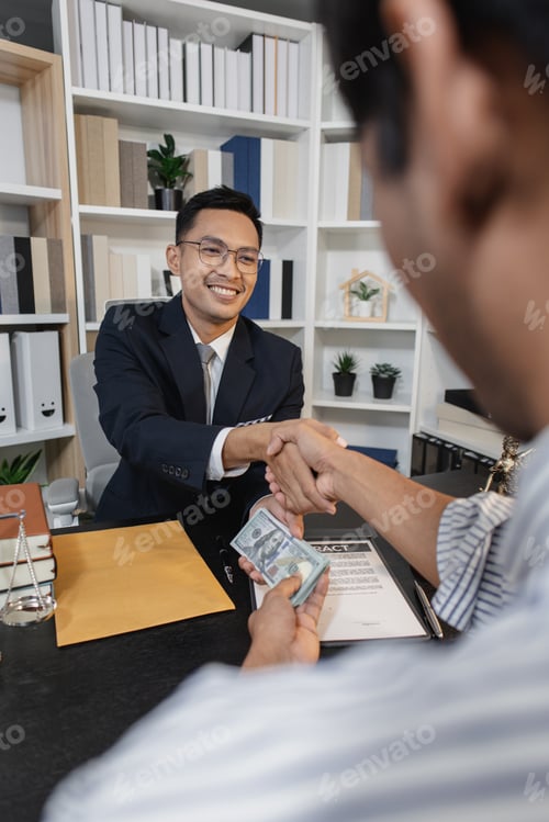 Preview: An unethical act of bribery showing hands exchanging cash in a law office environment