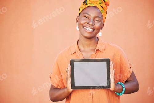 Preview: Tablet, portrait or black woman with green screen for mockup, brand marketing or advertising space.