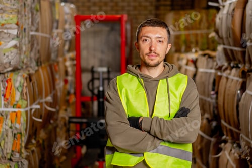 Preview: man in protective vest with his arms crossed in front of him and looking at camera at a waste plant